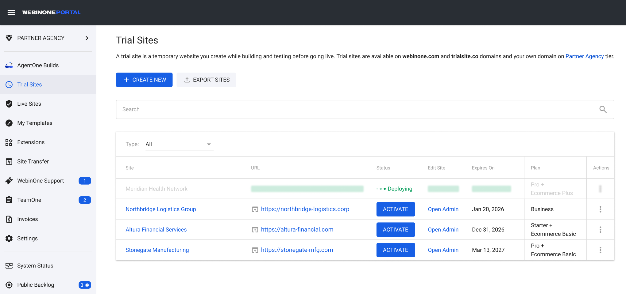 WebinOne Portal Dashboard